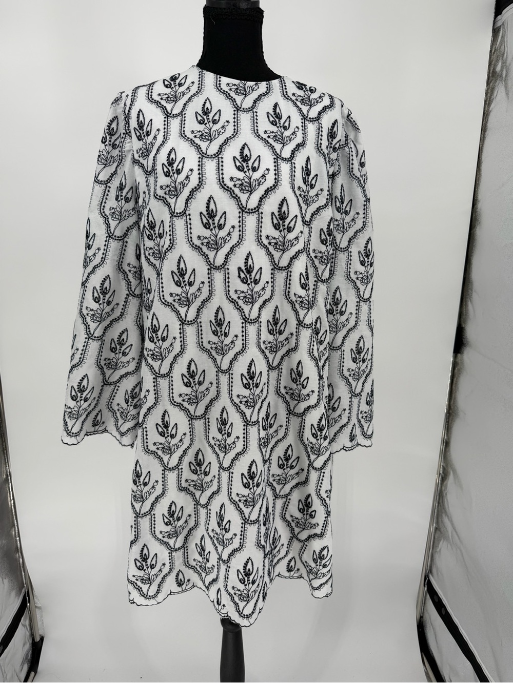 Preston & York White Dress with Black Embroidered Floral Accents